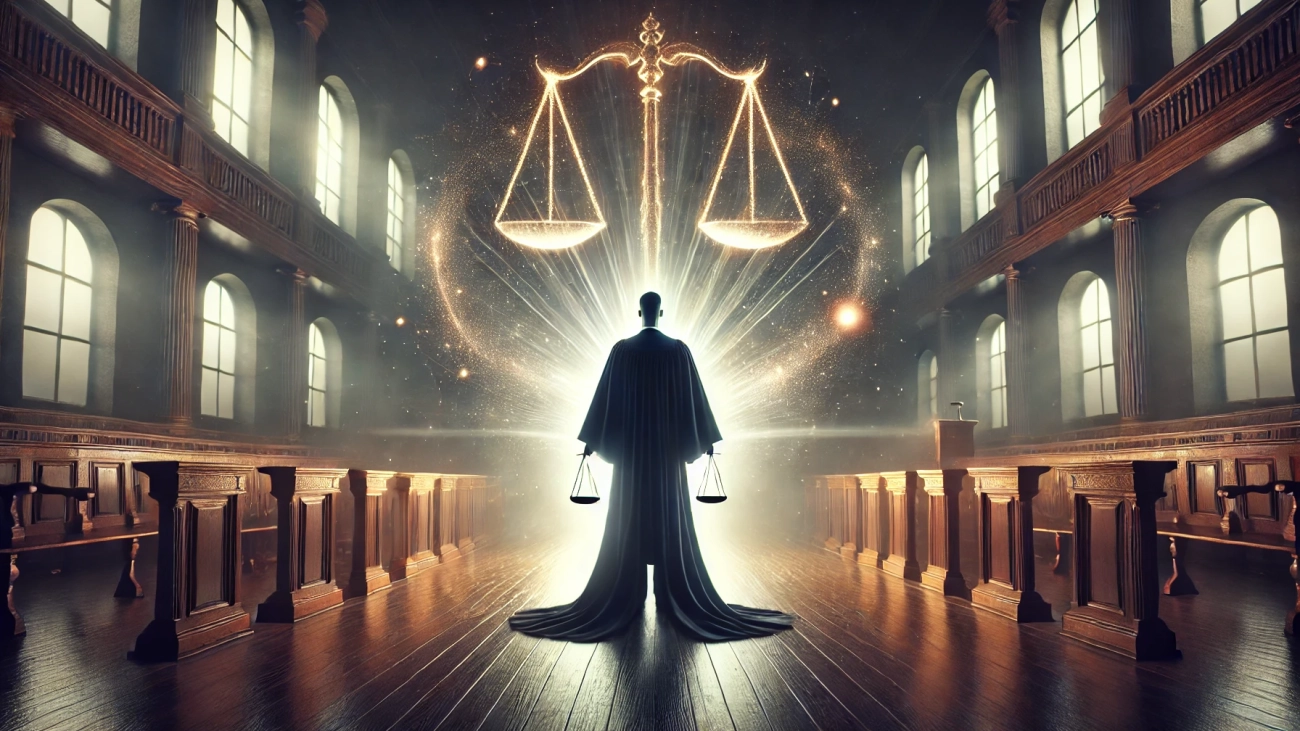 DALL·E 2024-10-21 15.00.24 - A powerful image for the article 'A Advocacia e Suas Prerrogativas_ Guardiões da Justiça.' It shows a wide courtroom bathed in soft light, where a law